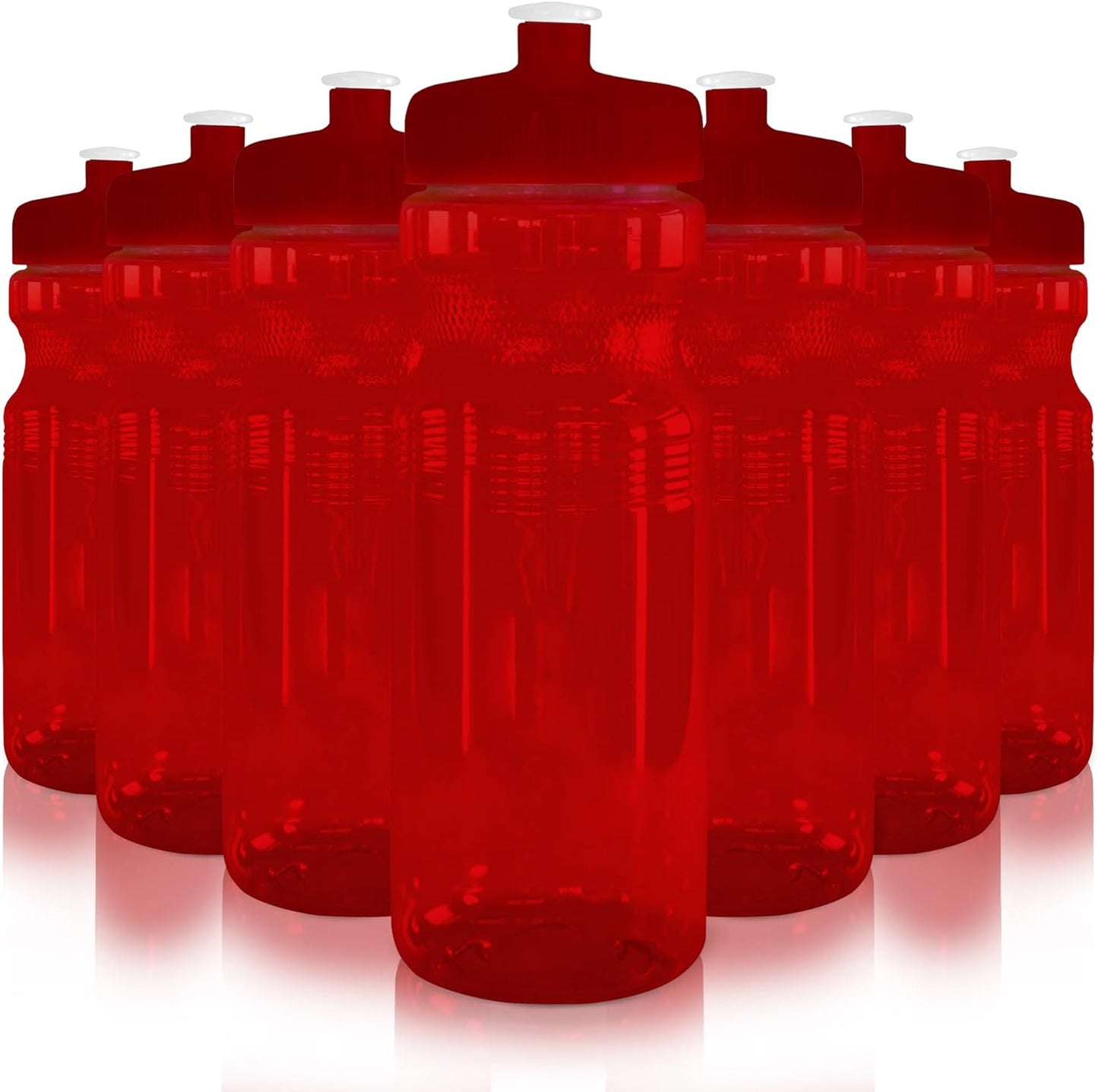 24 Oz. Bulk Water Bottles, 10 Pack, Made in USA, Blank Plastic Reusable Water Bottles for Gym, Cycling, BPA Free, Plastic Water Bottles Pull Top Cap for Sports, Translucent Red