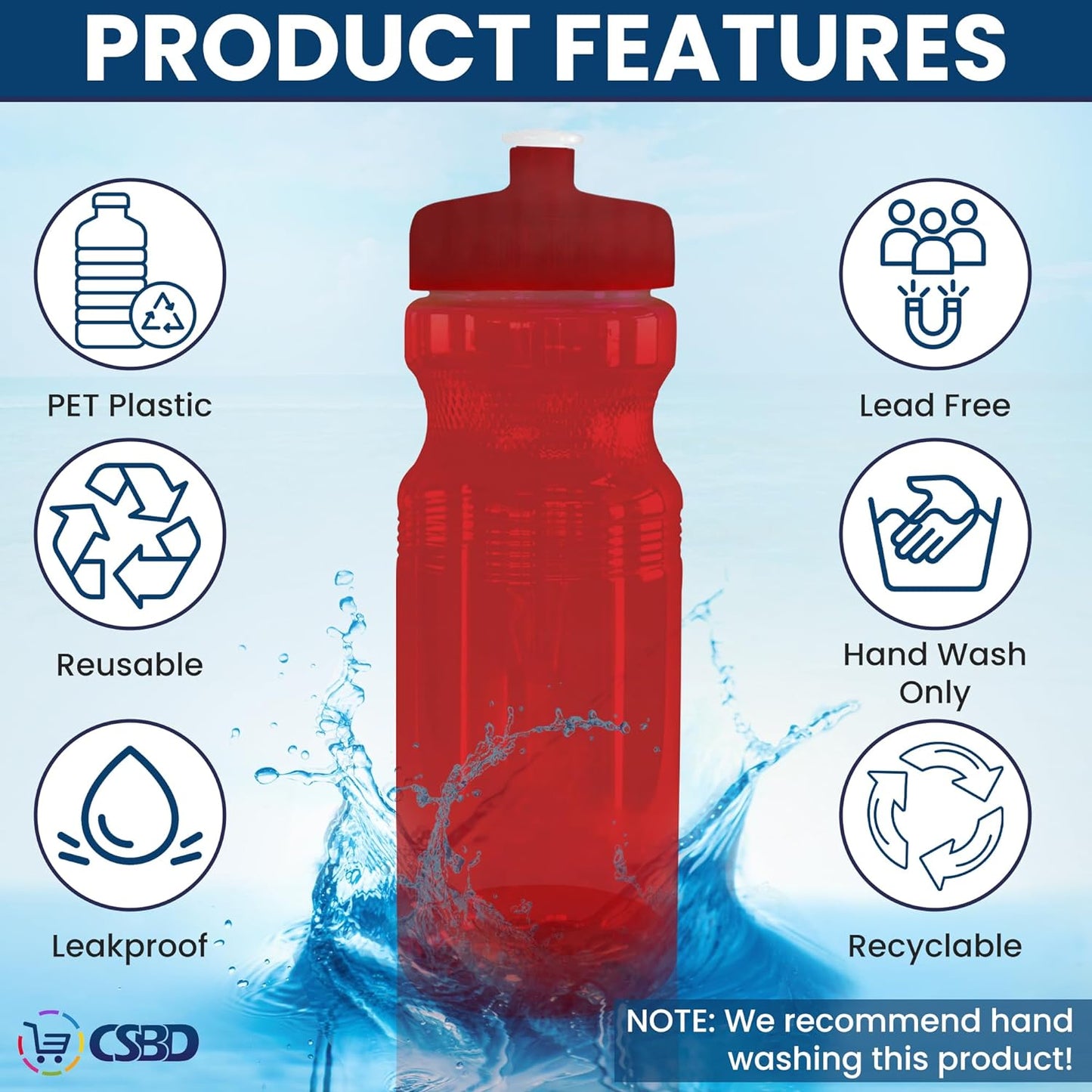 24 Oz. Bulk Water Bottles, 10 Pack, Made in USA, Blank Plastic Reusable Water Bottles for Gym, Cycling, BPA Free, Plastic Water Bottles Pull Top Cap for Sports, Translucent Red