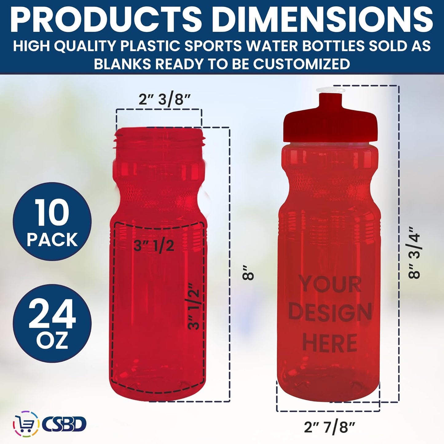 24 Oz. Bulk Water Bottles, 10 Pack, Made in USA, Blank Plastic Reusable Water Bottles for Gym, Cycling, BPA Free, Plastic Water Bottles Pull Top Cap for Sports, Translucent Red